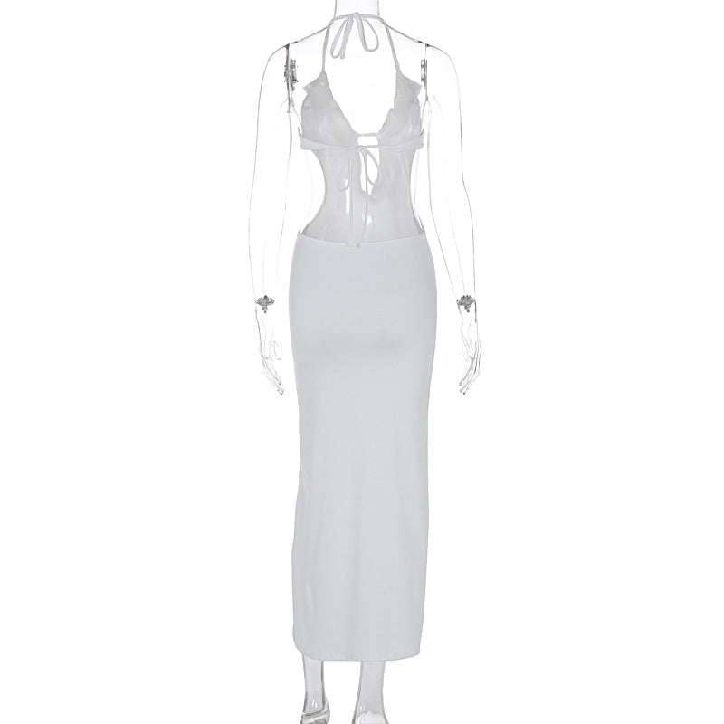 Women Clothing Summer Sexy Close Fitting Slim Fitting Solid Color Halter Sling Dress