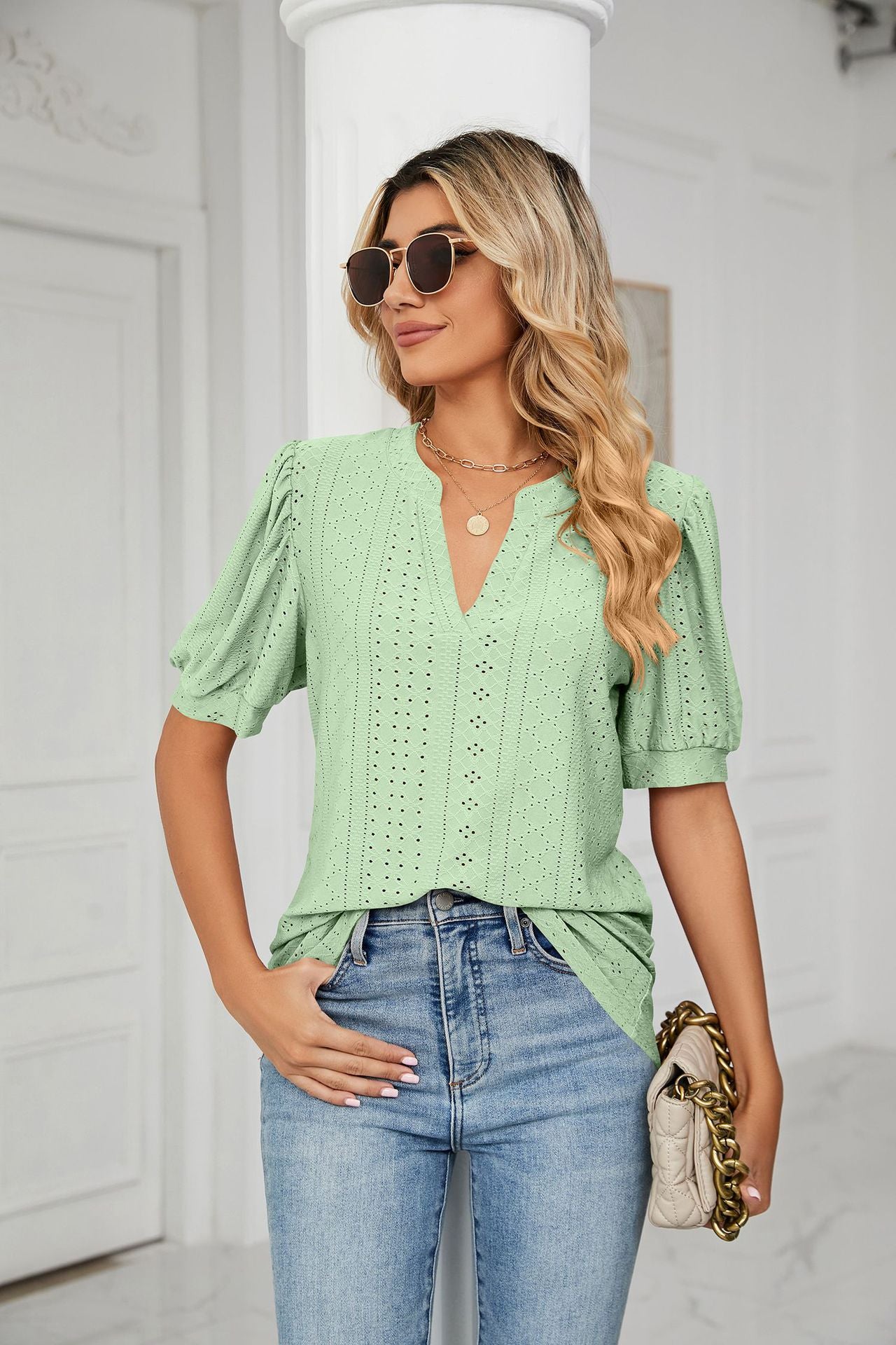 Summer Casual V Neck Solid Color Hollow Out Cutout Puff Sleeve Loose Fitting T Shirt Top Women