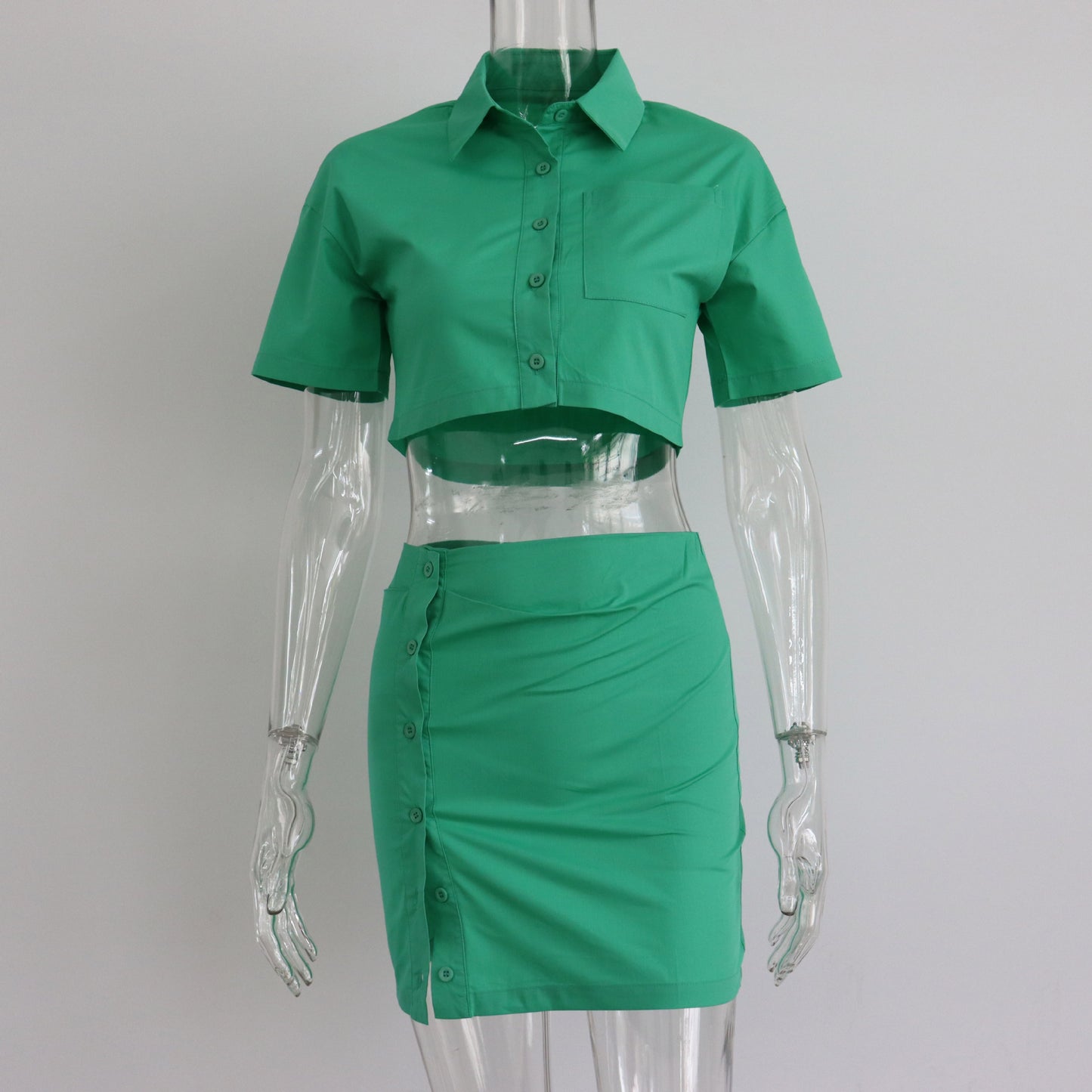 Spring Summer Two Piece Set Sexy Collared High Waist Short Sleeve Shirt Outfit