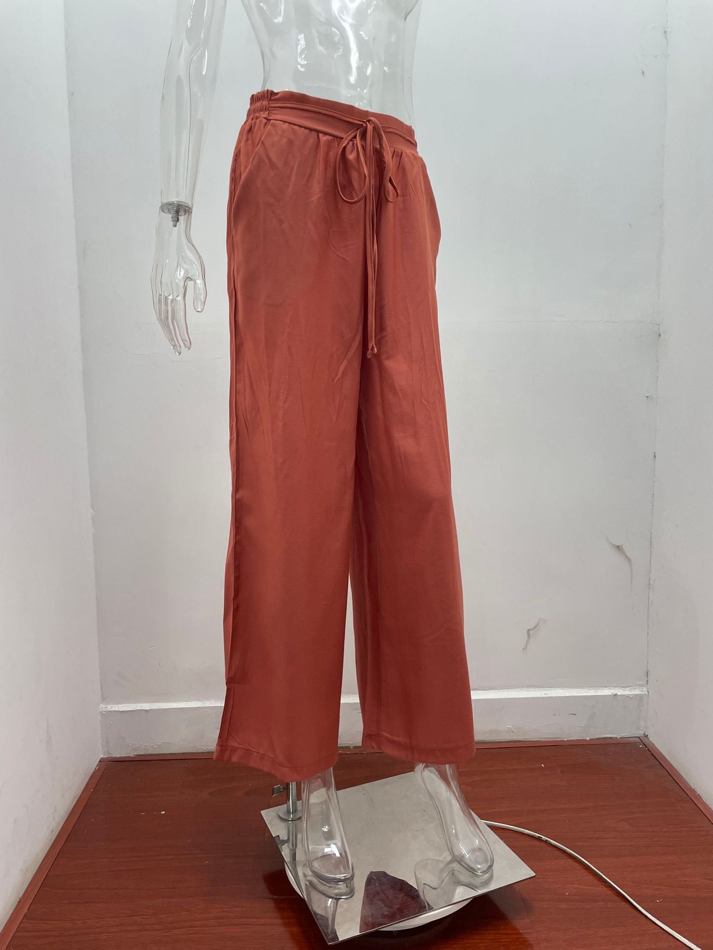 Summer Women High Waist Casual Trousers Solid Color Elastic Waist Lace-up Loose Wide-Leg Pants Women