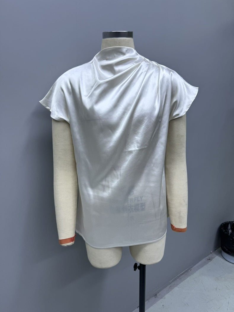 Round Neck Short Sleeve Left Shoulder Pleated T shirt Satin Women Top