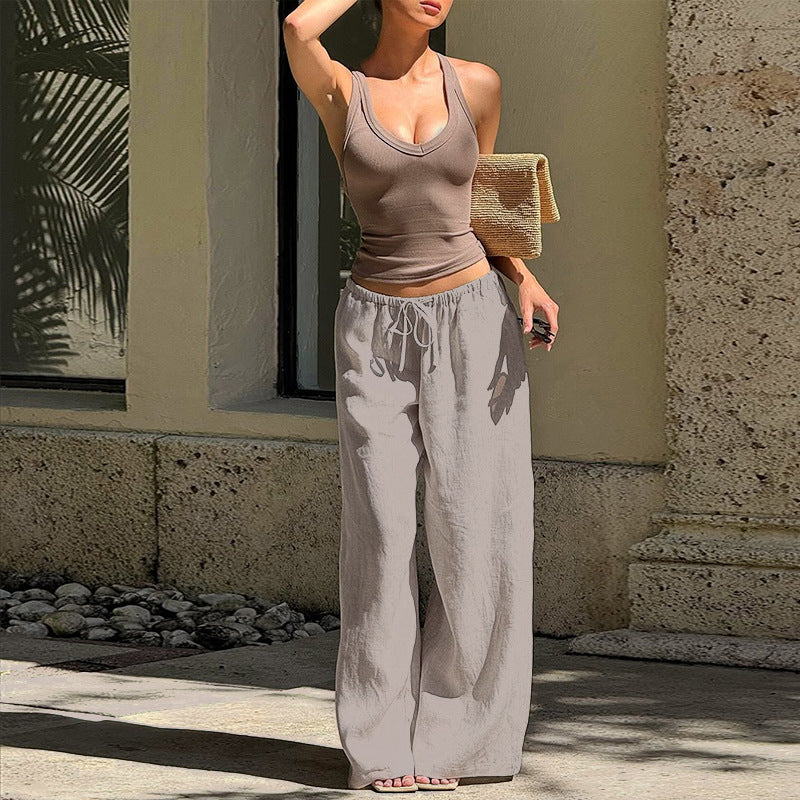 High Waist Loose Casual Wide Leg Trousers Women Autumn All Matching Linen Straight Pants