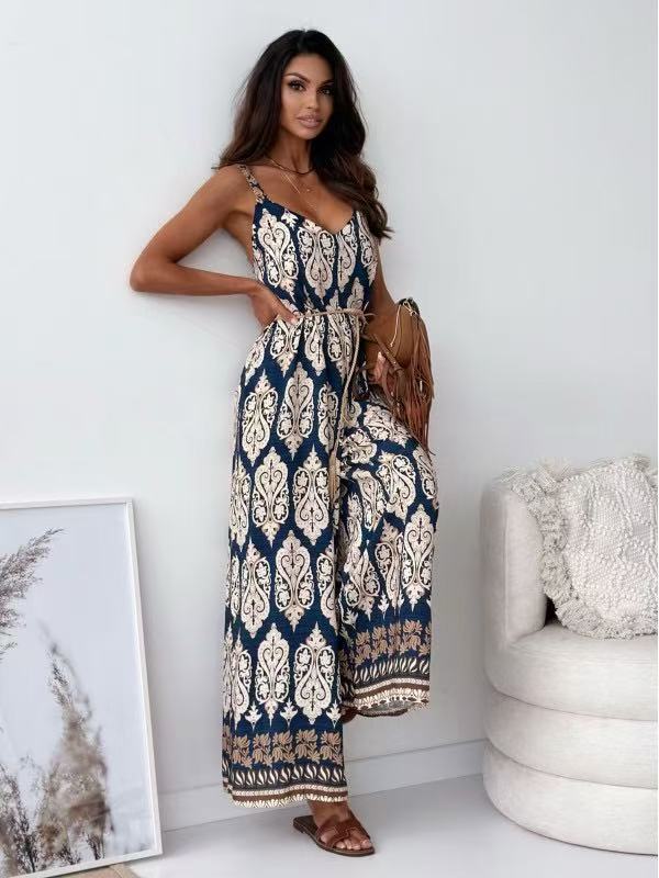 Women Clothing Summer Positioning Floral V neck Brace One Piece Wide Leg Pants with Belt