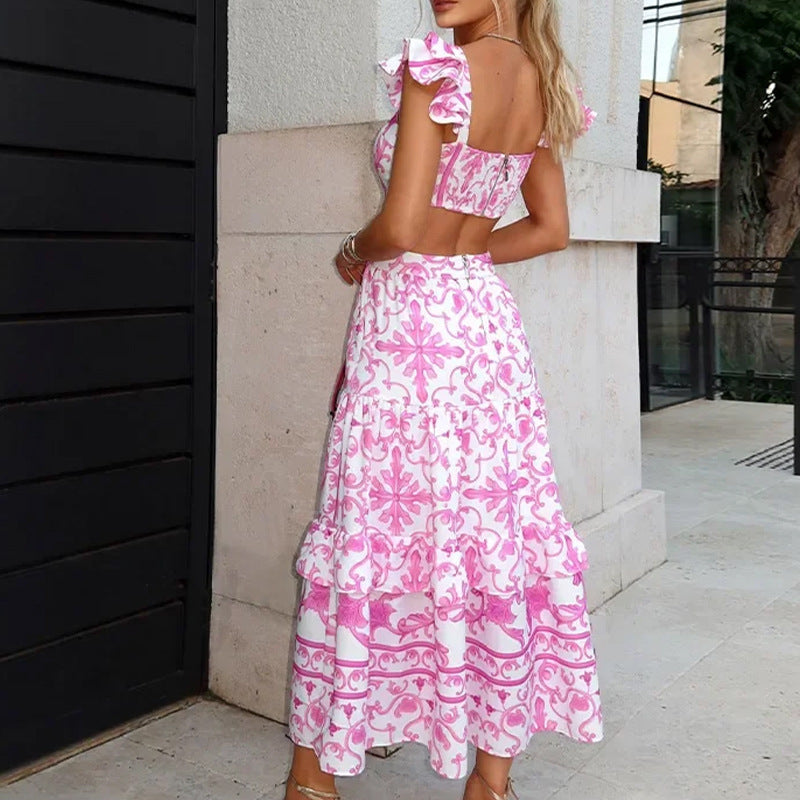 Women Clothing Elegant Padded Shoulder Flying Sleeves Printed Large Dress Maxi Dress