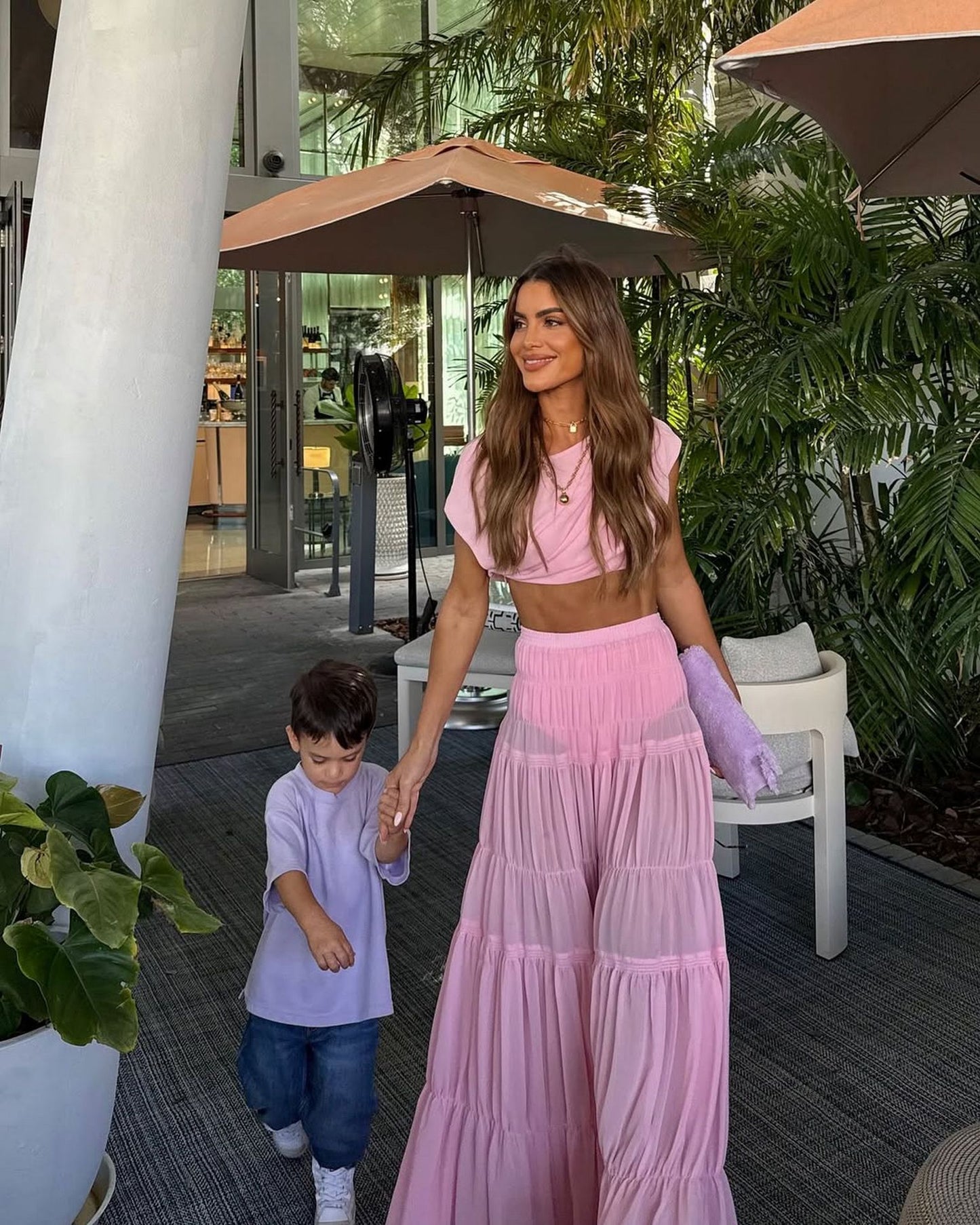 Round Neck Pleated Jacket Pink Patchwork Maxi Dress Two Piece Sets