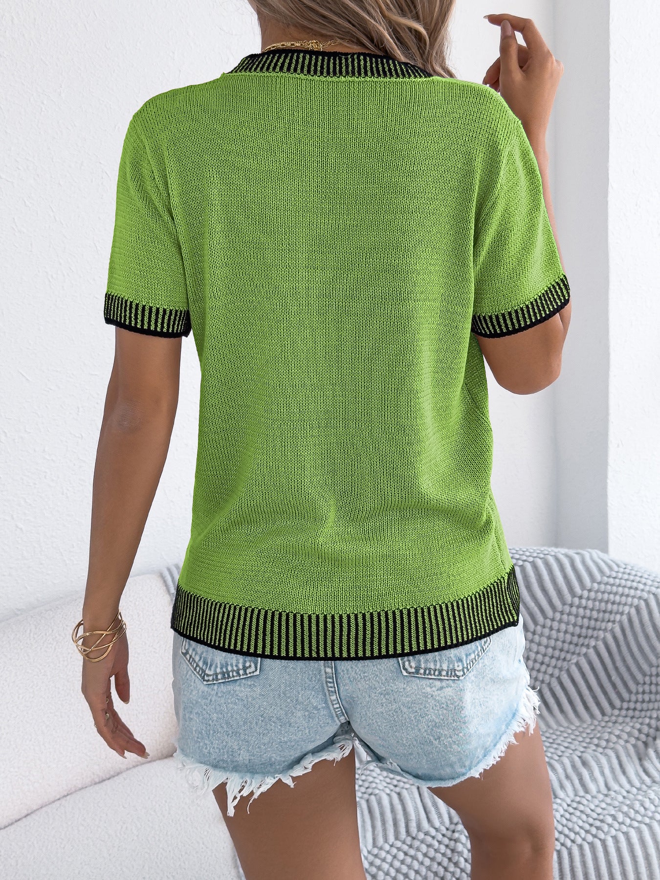 Spring Summer Casual Contrast Color Striped Pocket Short Sleeve Knitwear Women Clothing