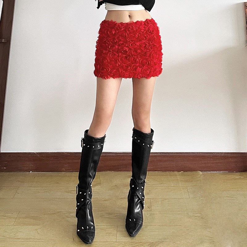 Women Clothing Nightclub Sexy Solid Color Three Dimensional Floral Ultra Short Skirt Straight Hair