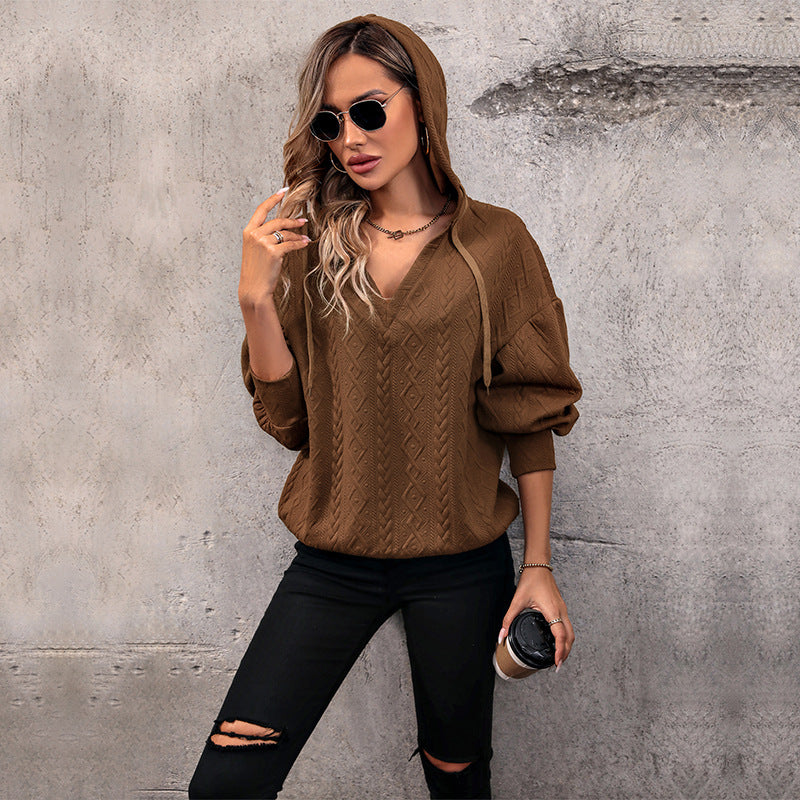 Autumn Winter Women Clothing Solid Color Knitted Long Sweatshirt Hooded Women