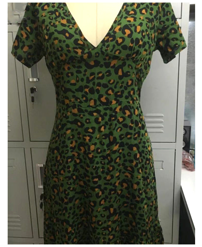Summer Sexy V neck Mid Waist Short Dress Leopard Print Dress