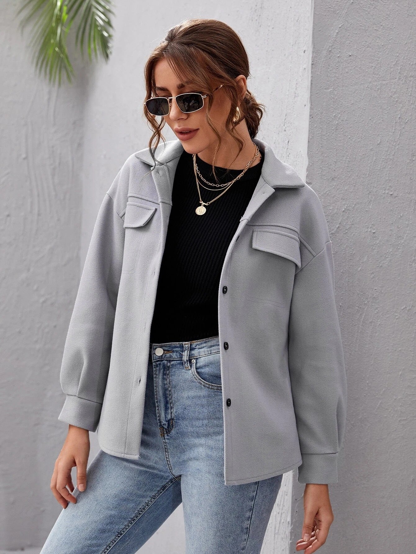 Autumn Winter Woolen Coat Single-Breasted Padded Shirt All-Match Solid Color Baggy Coat Women
