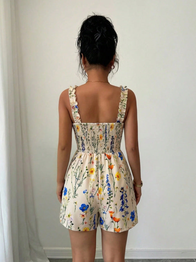 Arrival Floral Jumpsuit Women Summer Waist Slimming Square Collar Shorts Vacation Women Clothing