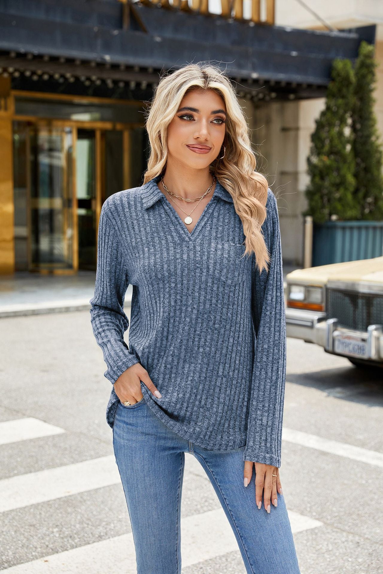 Autumn Winter Solid Color Polo Collar Pocket Long Sleeve Loose Fitting T Shirt Top Women