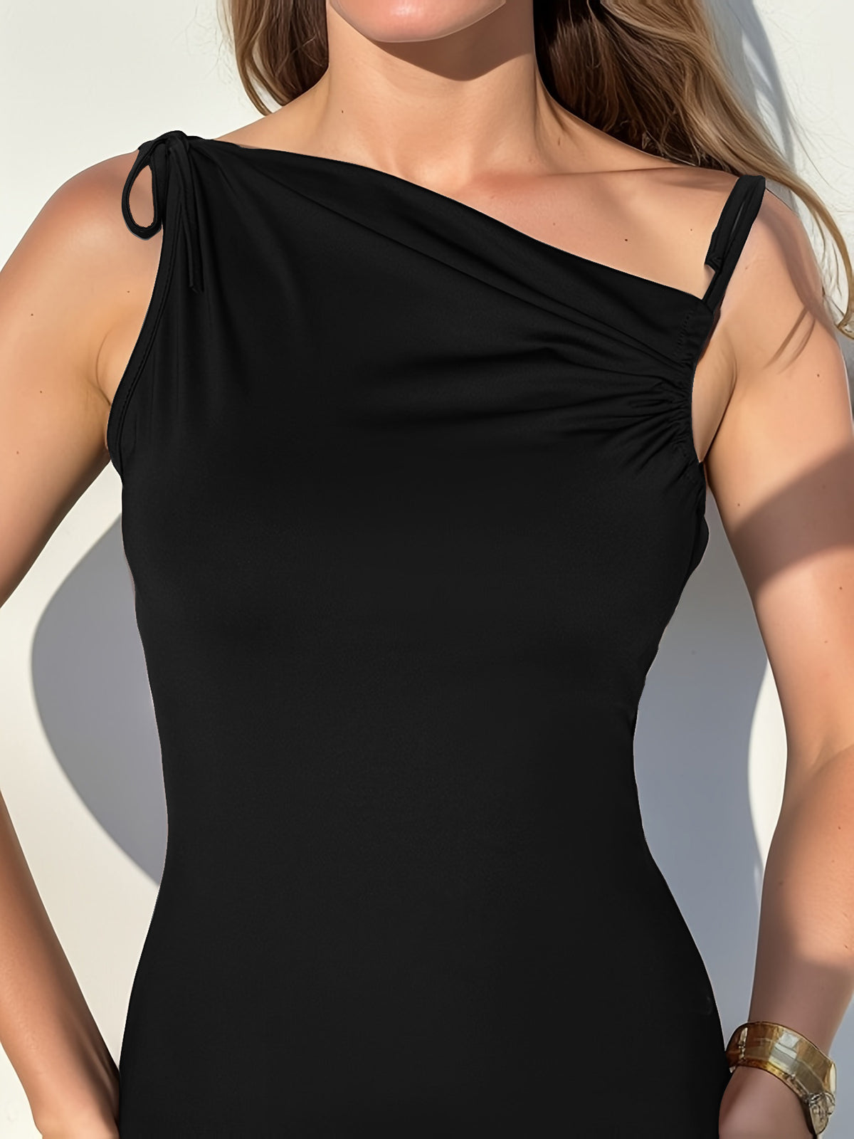 Women Clothing Summer Sexy Backless Irregular Asymmetric Pleated Straps Diagonal Collar Dress