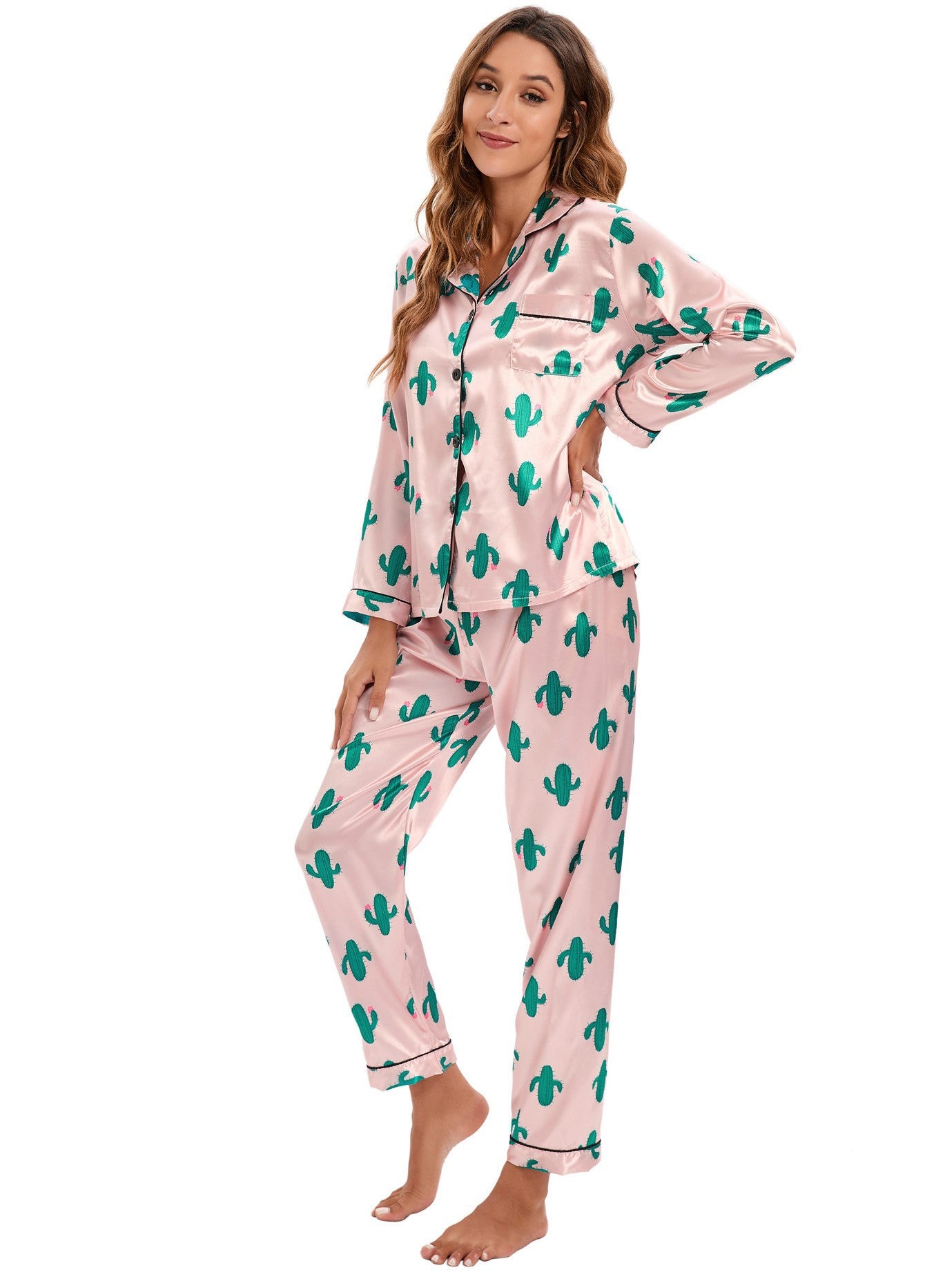 Satin Long Sleeved Trousers Home Wear Cardigan Suit Pajamas Women