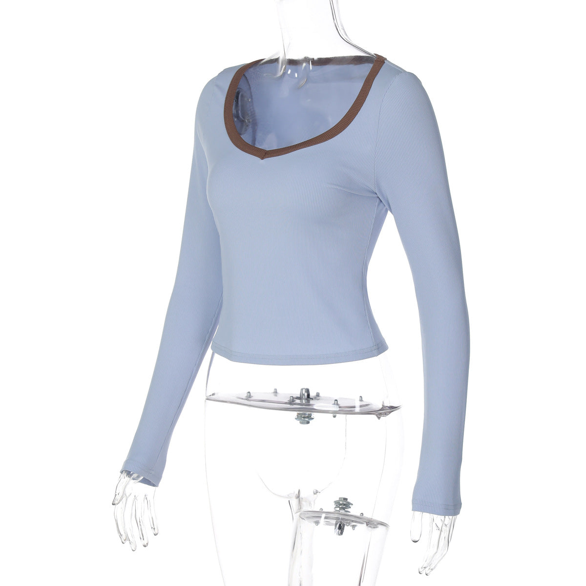 Women Clothing Winter Contrast Color V neck Slim Fit Pullover Casual Long Sleeve T shirt