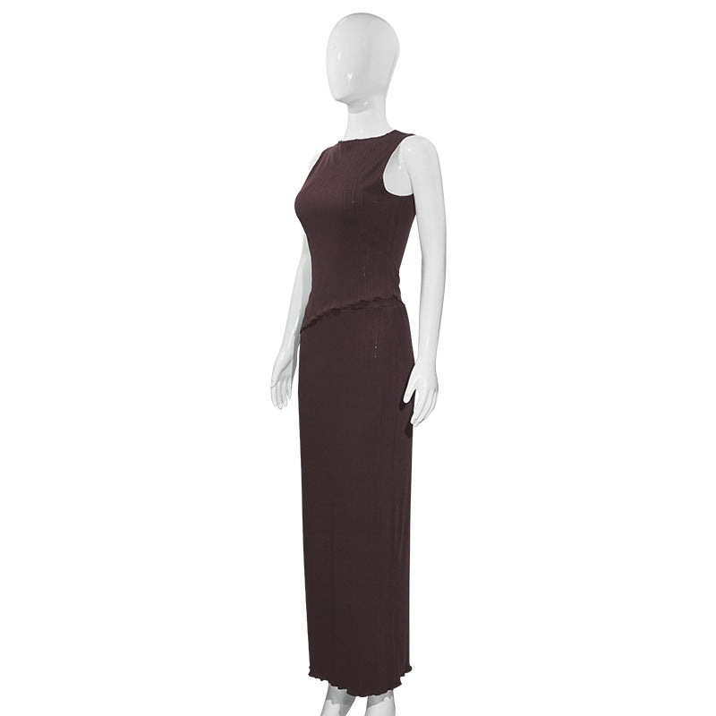 Summer Solid Color round Neck Unrepaired Irregular Asymmetric Top High Waist Dress Slim Fit Two Piece Sets