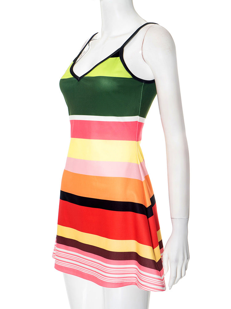 Women Clothing Spring Summer Sleeveless V neck Printed Suspenders Short Dress