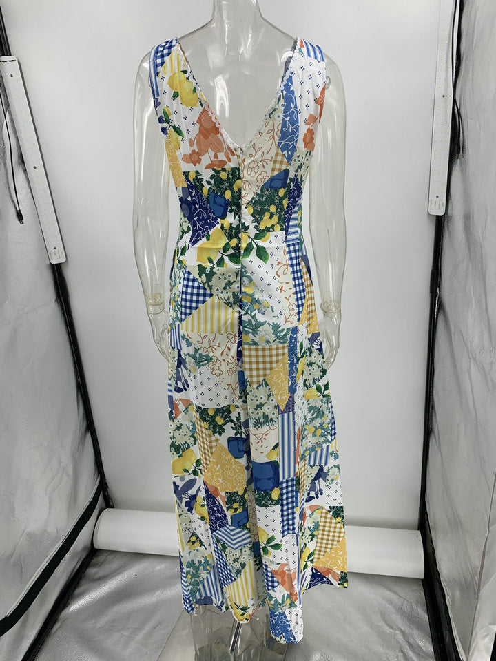 Summer Casual Women Printed Wear Sleeveless Large V-neck Large Swing Dress Amplified craft