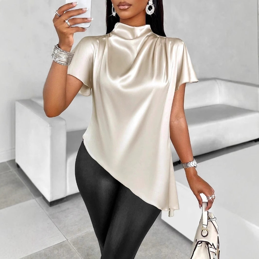 Satin Shirt Autumn Winter Batwing Sleeve Asymmetric Hem Shirt Top