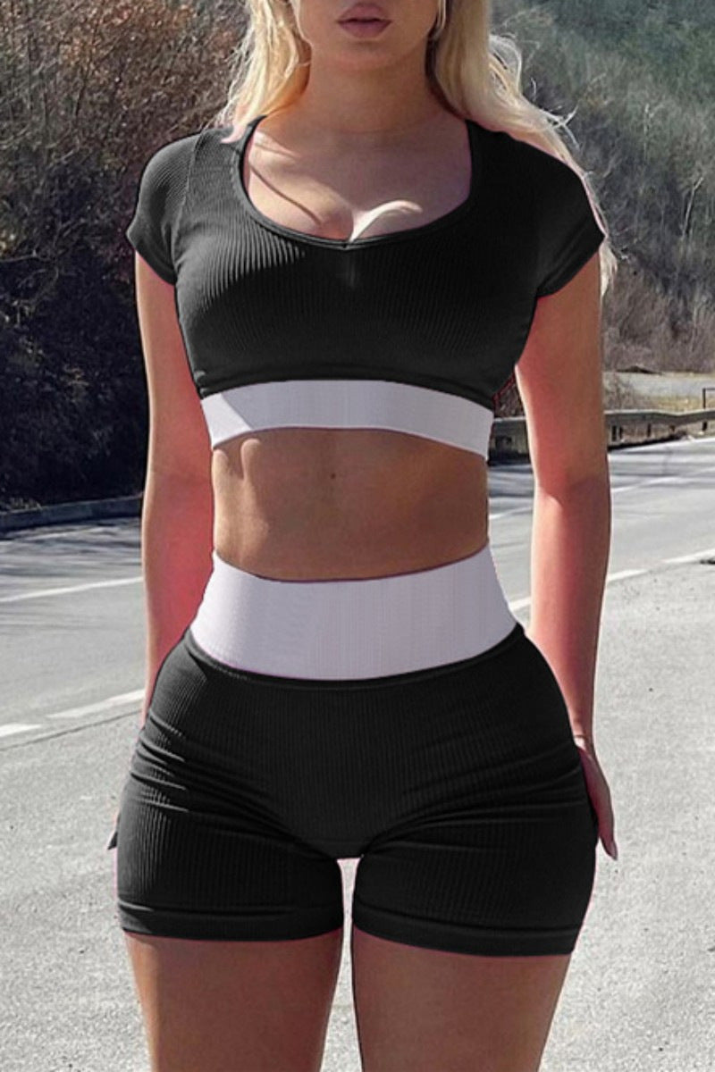 Summer Women Clothing Contrast Color U Neck Short Sleeved Shorts Two Piece Set Sexy Cropped Yoga Suit