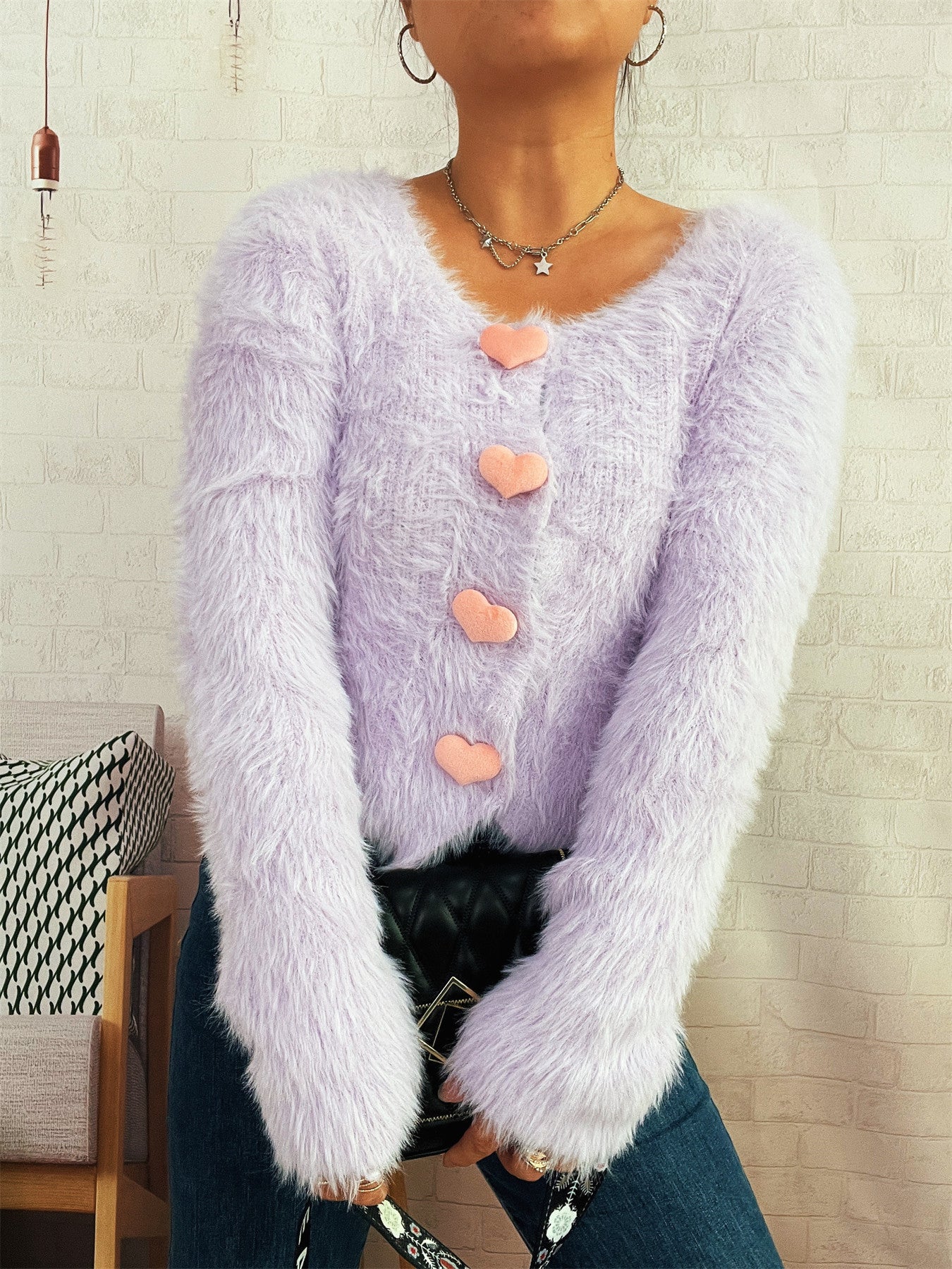 Autumn Winter Office Cute Love Button Solid Color Mink like Knitted Cardigan Sweater