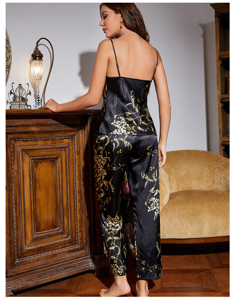 Print Pajamas Suit Spring Summer Strap Trousers Two Piece Summer Thin Ice Silk Home Wear Women