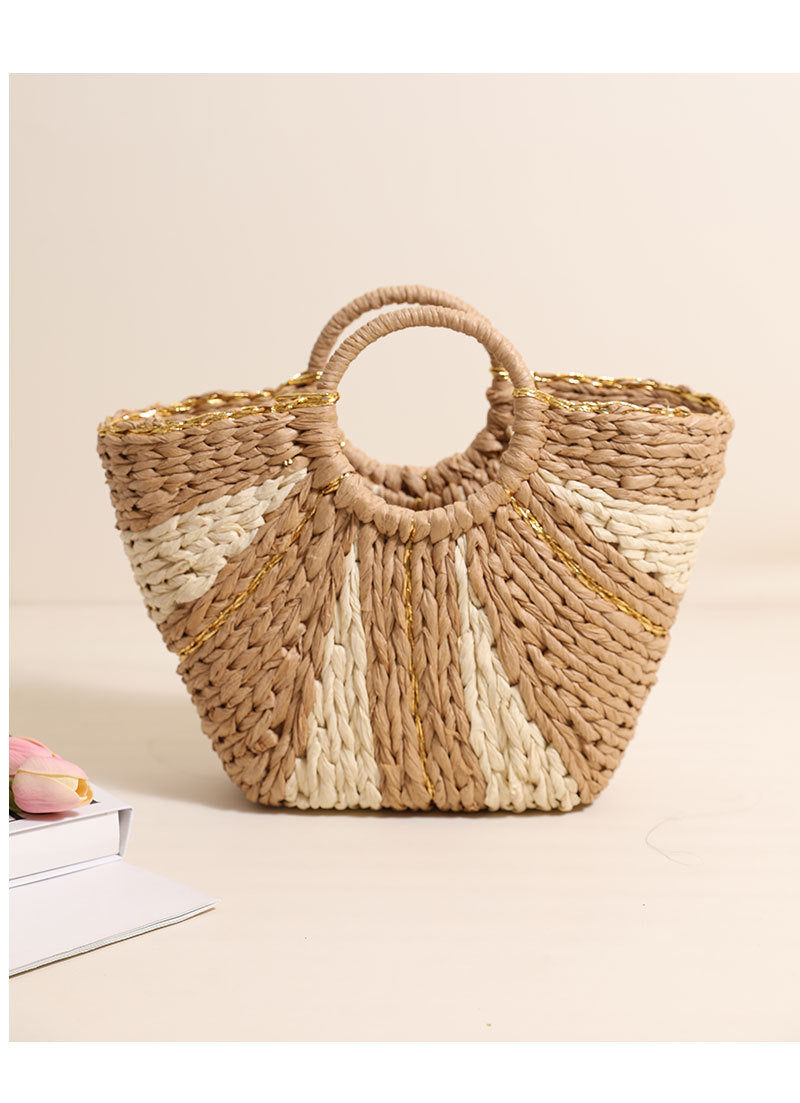 Pastoral Large Capacity Portable Straw-Weaved Bag Contrast Color Hand Carrying Straw Bag Woven Bag Vacation Beach Bag Vegetable Basket