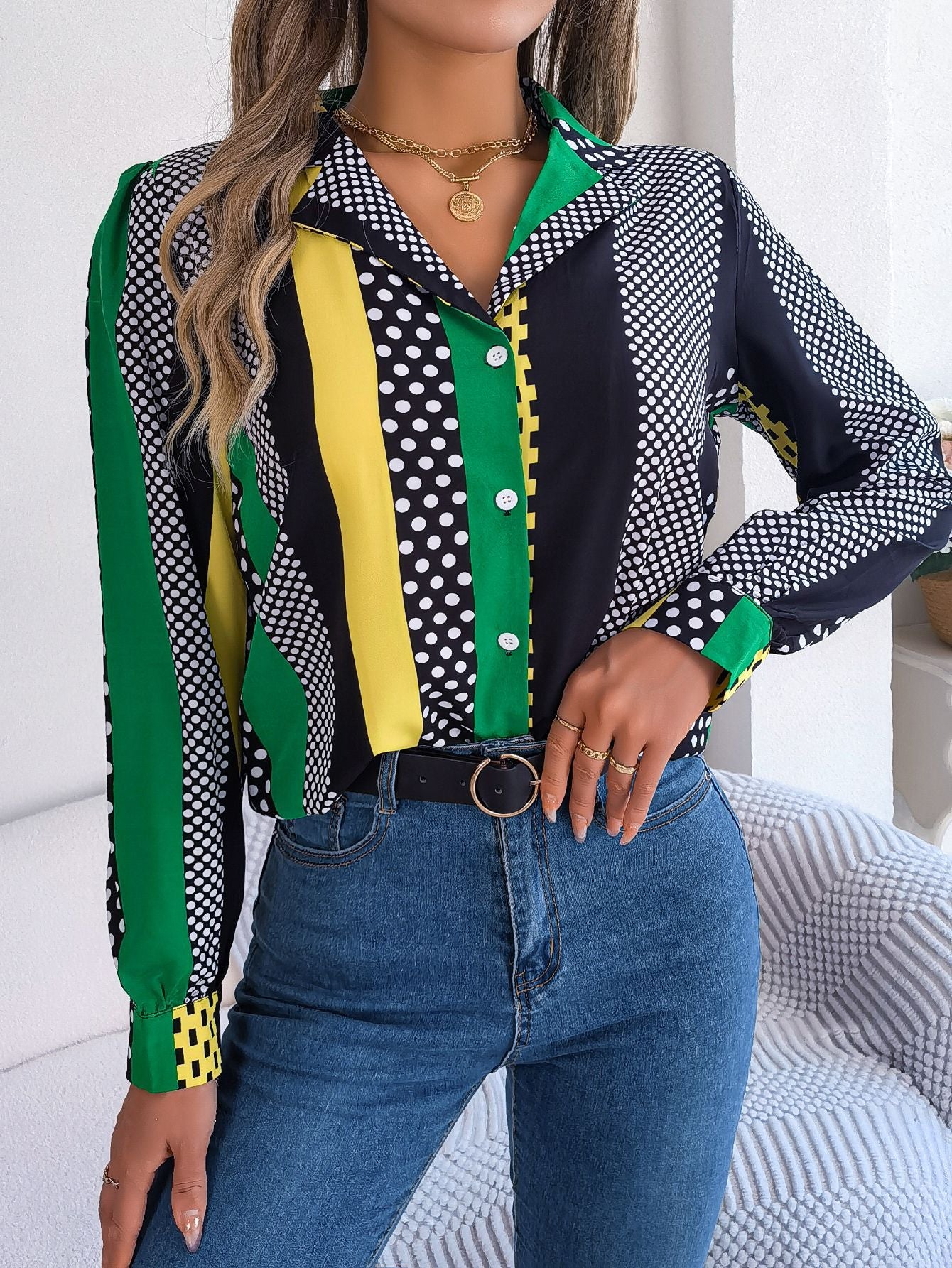 Autumn Winter Commuting Elegant Contrast Color Polka Dot Collar Long Sleeve Shirt Women Clothing