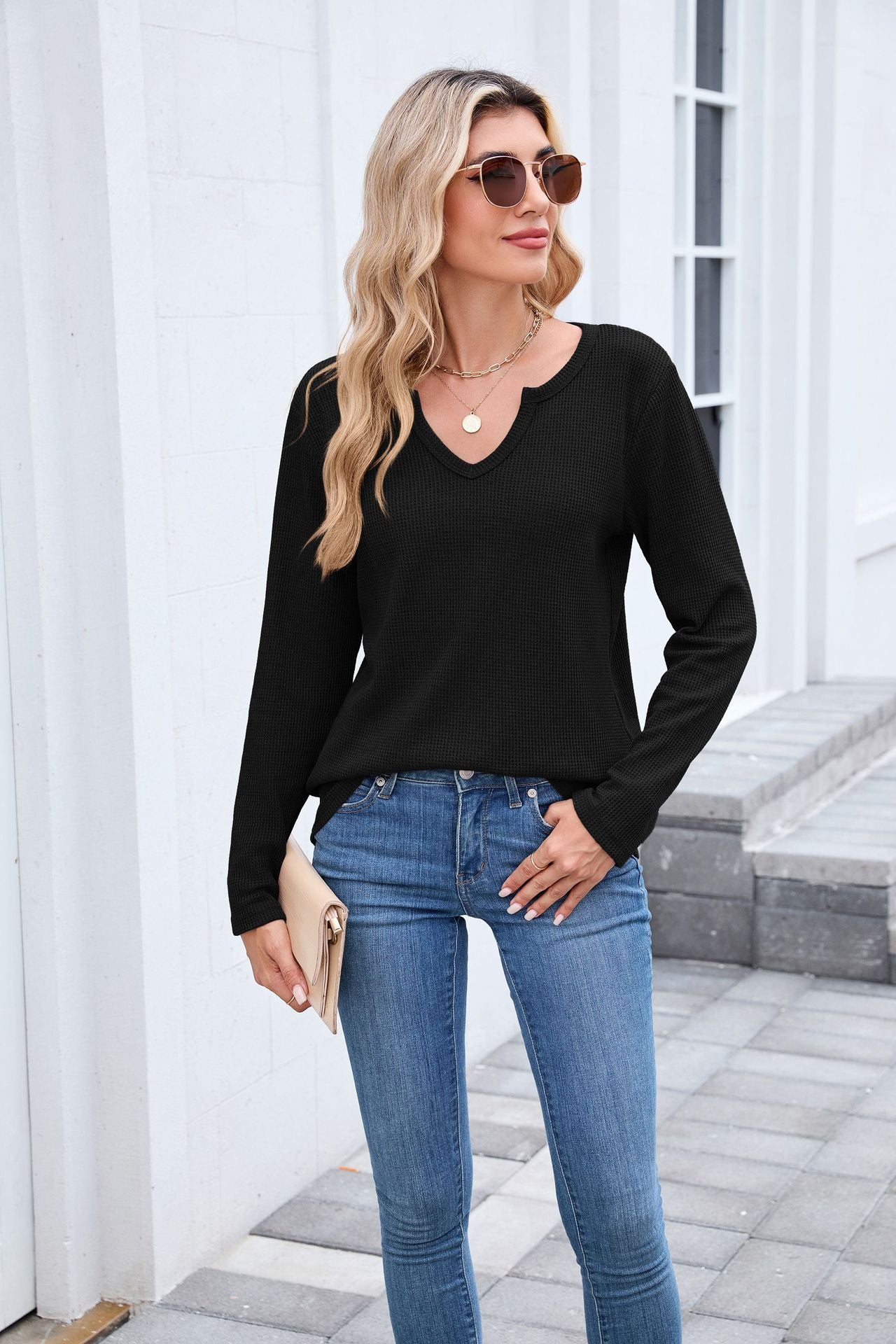 Autumn Winter Waffle Solid Color V neck Loose Long Sleeved T shirt Top Women