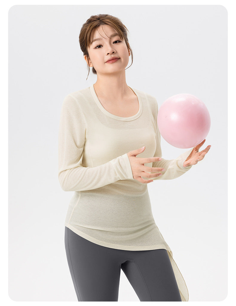 Plus Size Yoga Blouse Women Slim Fit Slimming Side Slit Workout Long Sleeve Soft Skin Friendly Plump Girls Yoga Clothing Top