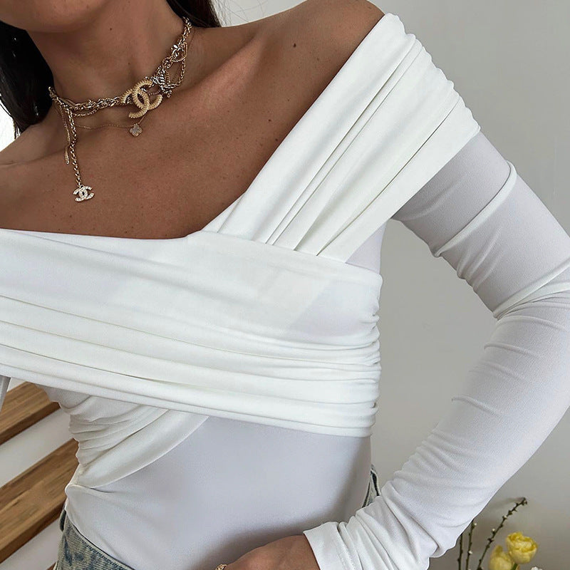 Women Clothing Popular Sexy off the Shoulder Long Sleeve Cross Pleated Slim High Waist Cold Shoulder Elegant Jumpsuit