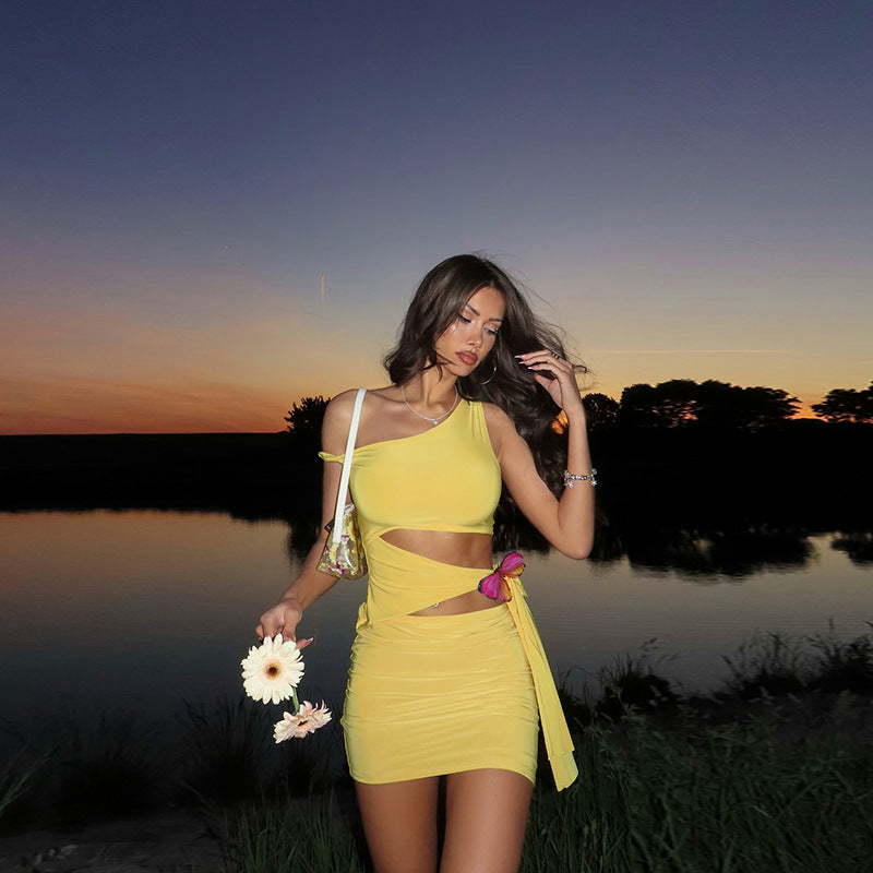 Shoulder Hollow Out Cutout out Strap Butterfly Decoration Dress Summer Solid Color Hip Dress
