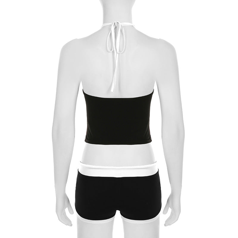 Casual Digital Printing Halter Lace up Vest Striped Contrast Color Street Sports Two Piece Sets