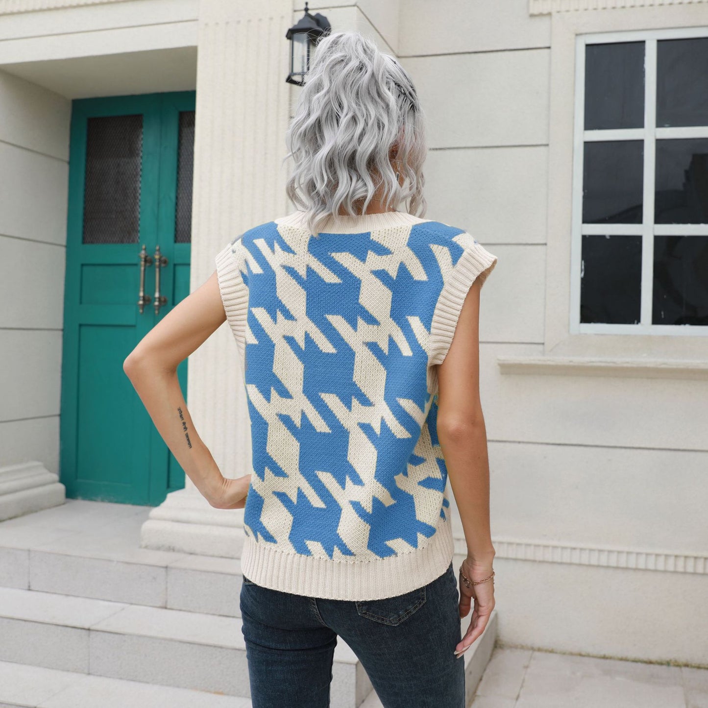 Houndstooth V-neck Vest Sweater Women Vest Outer Wear Inner Wear Autumn Winter Knitwear Sweater Boucle