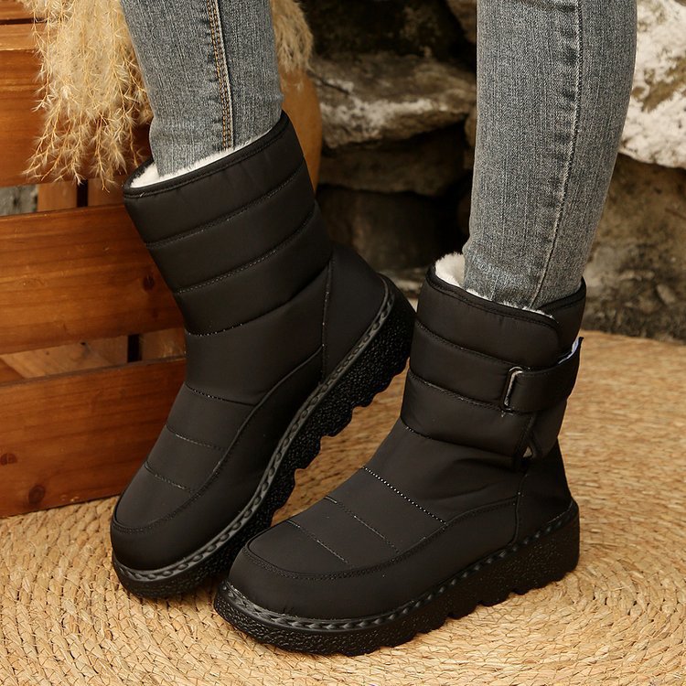 Winter Fleece Lined Warm Slugged Bottom Snow Boots Women Velcro down Cloth Mid Calf Cotton Shoes