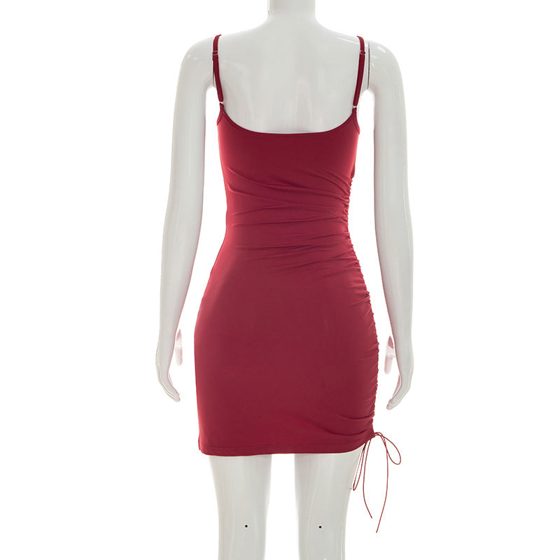 Women Clothing Summer Solid Color Casual Sleeveless Strap Drawstring Skinny Sheath Short Dress