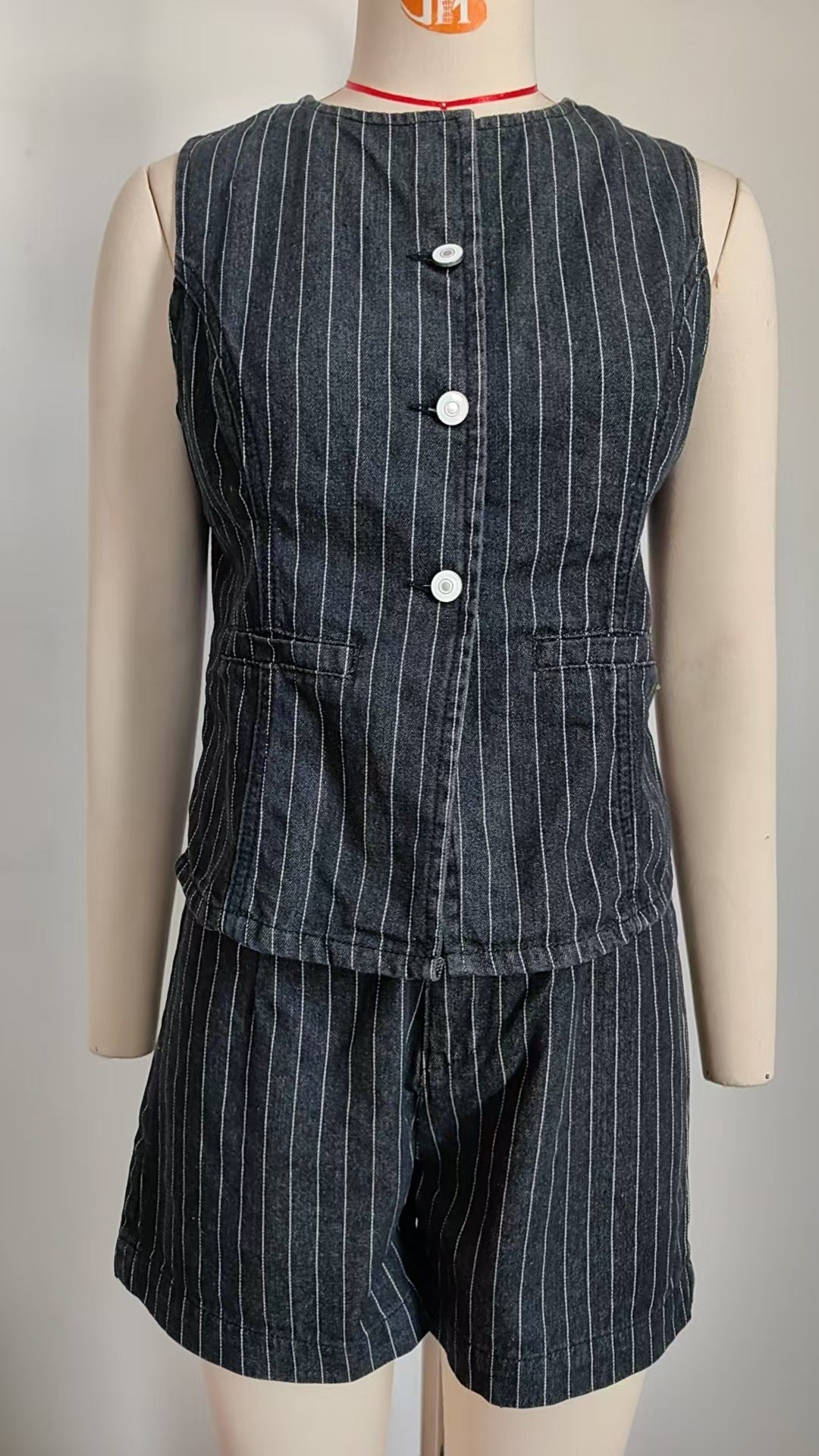 Women Clothing Summer Washed Striped Casual Denim Shorts Two Piece Sets