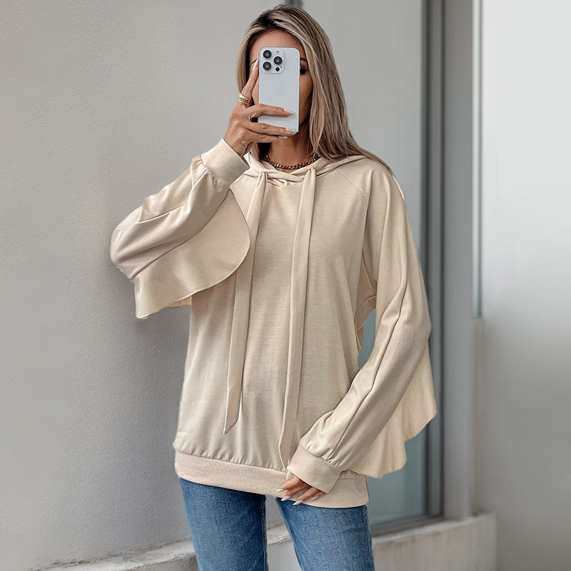 Hoodie With Drawstrings Ruffled Long Sleeve Pocket Solid Color Hoodie Autumn Winter Women