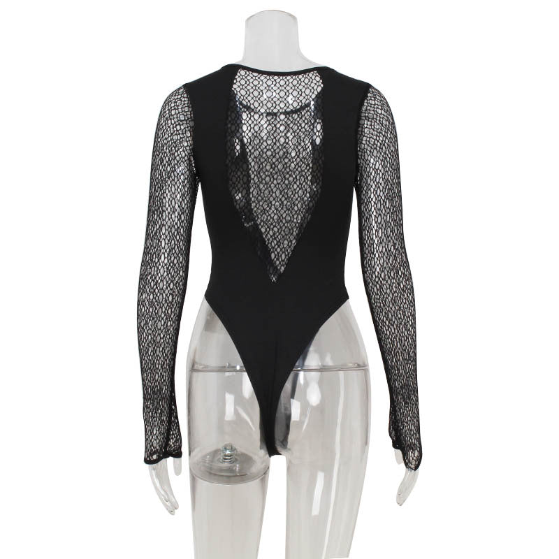 Cross Super Sexy Hollow Out Cutout Mesh Slim Fit Patchwork Long Sleeve Finger Stall Sexy Women High Waist Jumpsuit