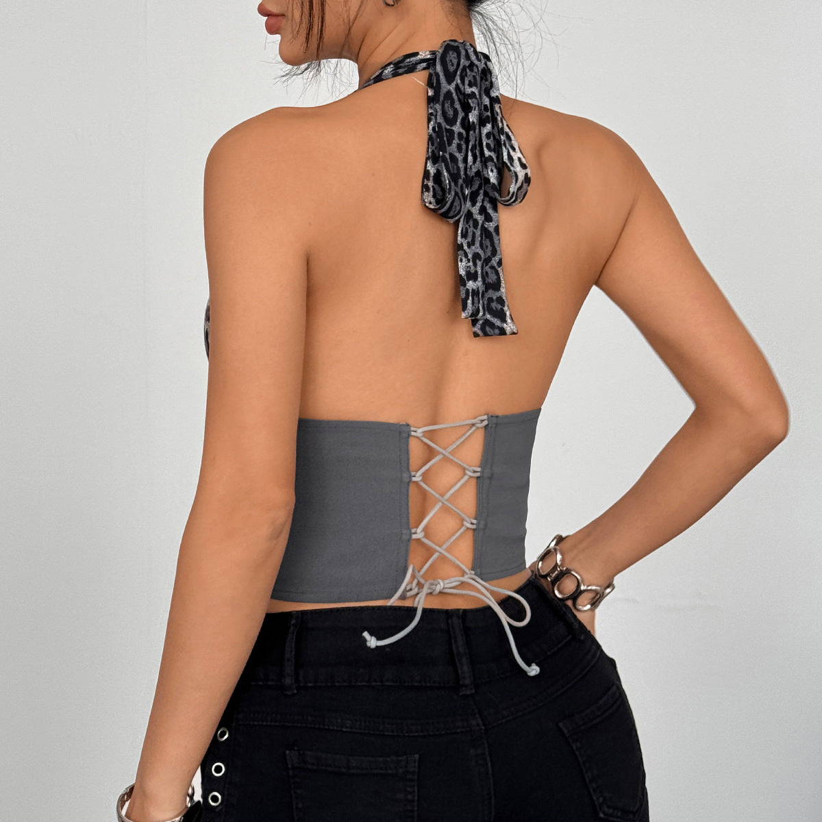 Sexy Leopard Splicing Sexy Halter Deep V Plunge Boning Corset Inner Button Slim Fit Tank Top Women