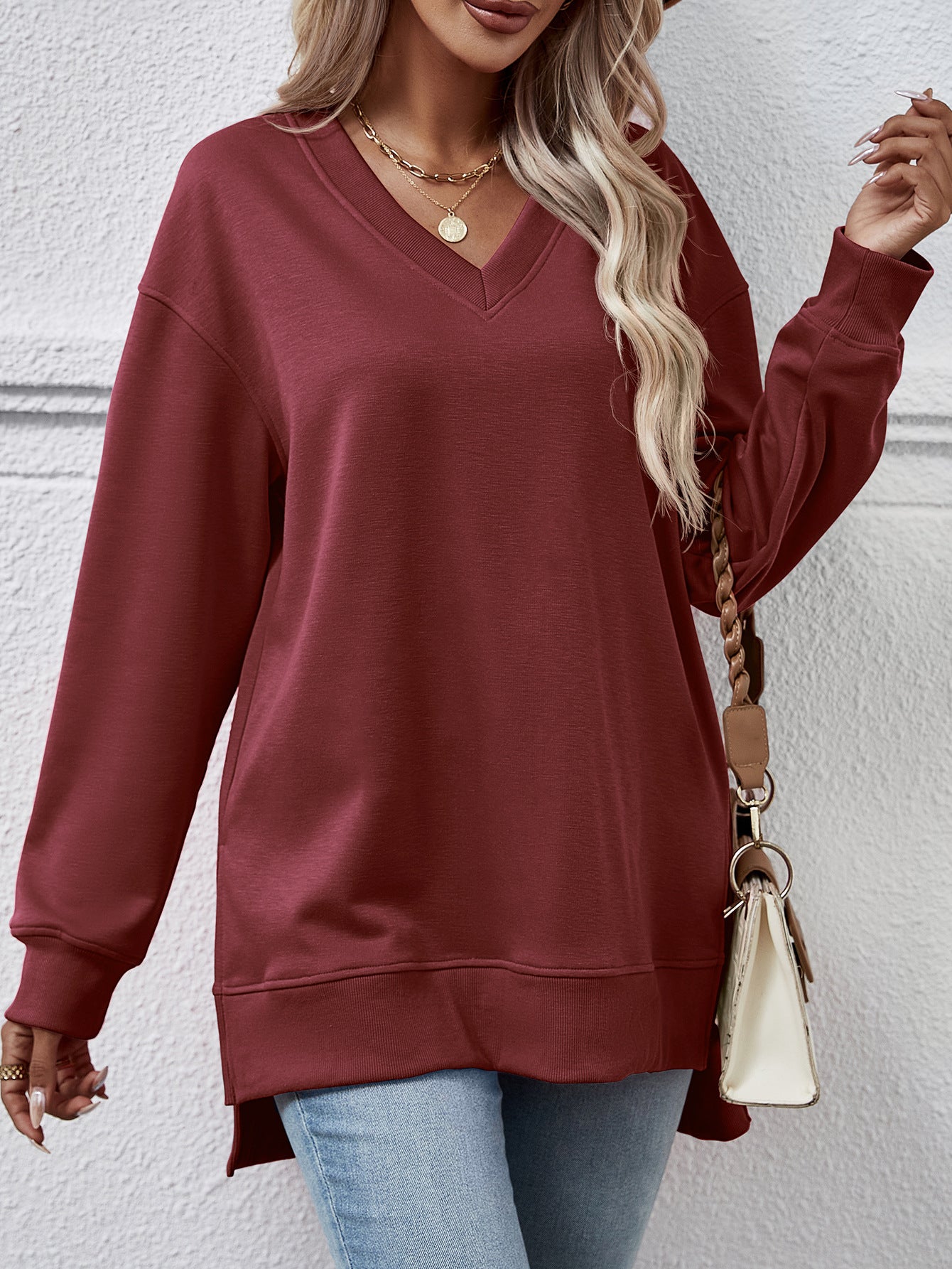 Autumn Winter Women Clothing Sweatshirt Solid Color V Neck Split Front Short Back Long Blouse