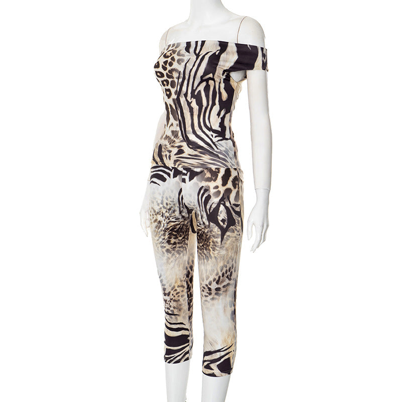 Women Clothing Spring Summer Pullover off Shoulder Animal Texture High Waist Tight Fifth Pants Two Piece Sets