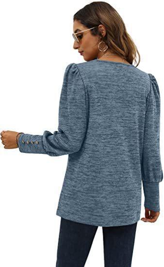 Women Autumn Winter Loose Casual Puff Sleeve Round Neck Long Sleeve T shirt