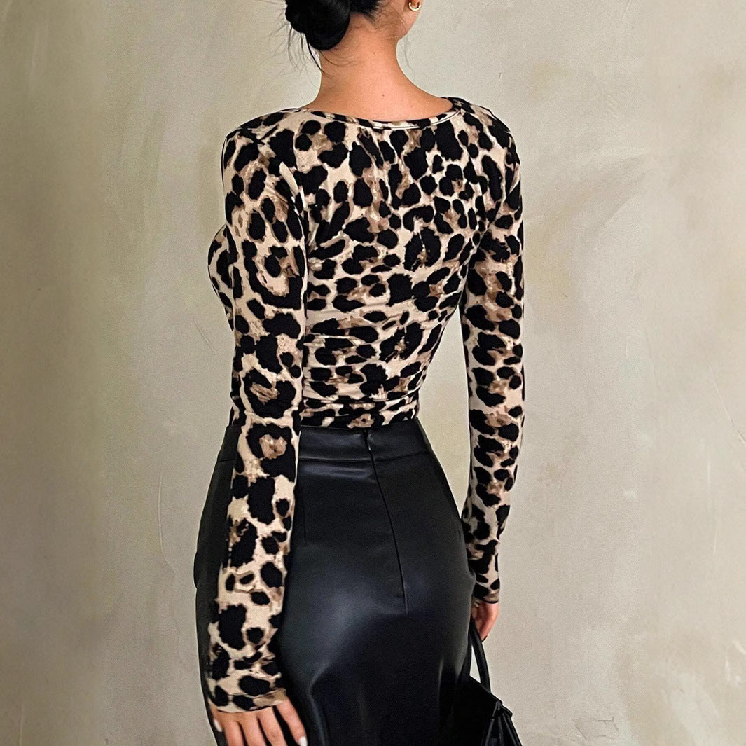 Spring Women Leopard Print Scoop Slim Fit Long Sleeved T shirt Top Women