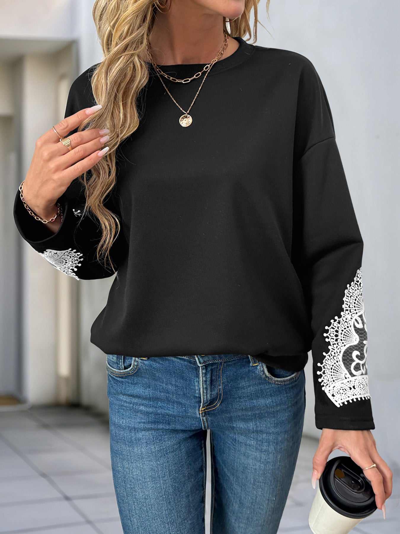 Autumn Pullover Top Women Lace Stitching Casual round Neck Sweatshirts