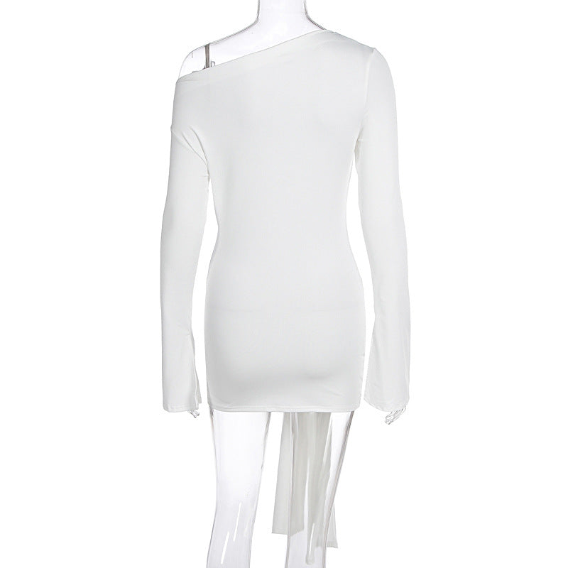 Autumn Winter Graceful Fashionable Solid Color Women Shoulder Waist Controlled Lace up Sheath Dress