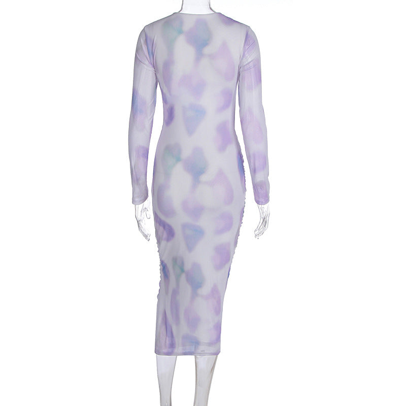Women Clothing Autumn Winter Personalized Printing Gradient Color Hollow Out Cutout Long Sleeve Dress Women