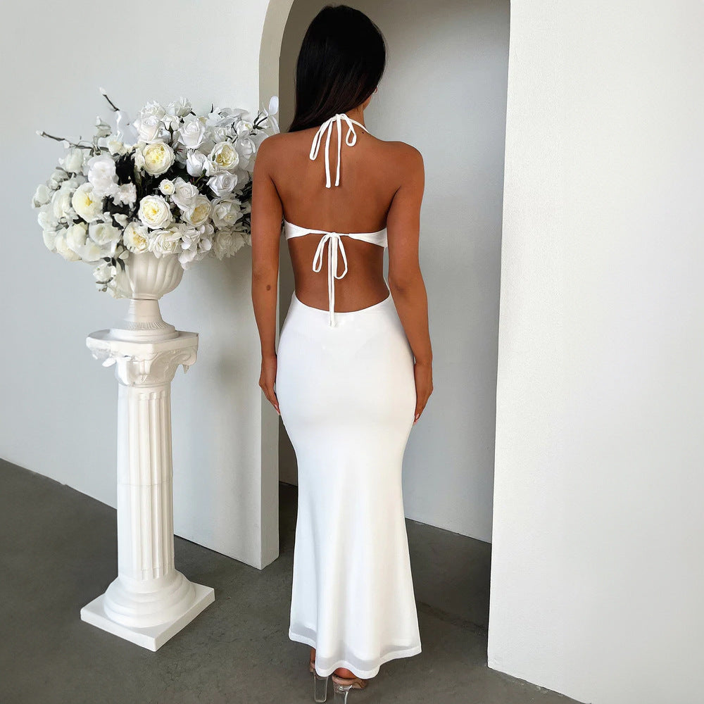 Women Clothing Summer Sexy Close Fitting Slim Fitting Solid Color Halter Sling Dress