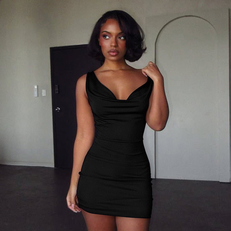Women Clothing Summer Solid Color Casual Slim Fit Iron Chain Bare Back Swing Collar Sleeveless Dress