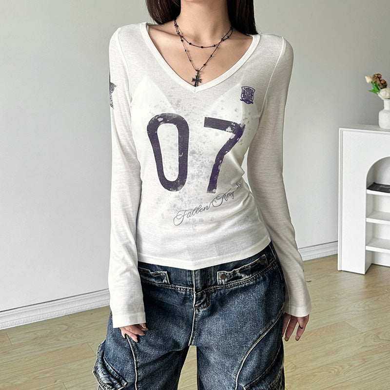 Autumn Sexy See through Slim Fit V neck Printed Long Sleeved T shirt Top Women Clothing
